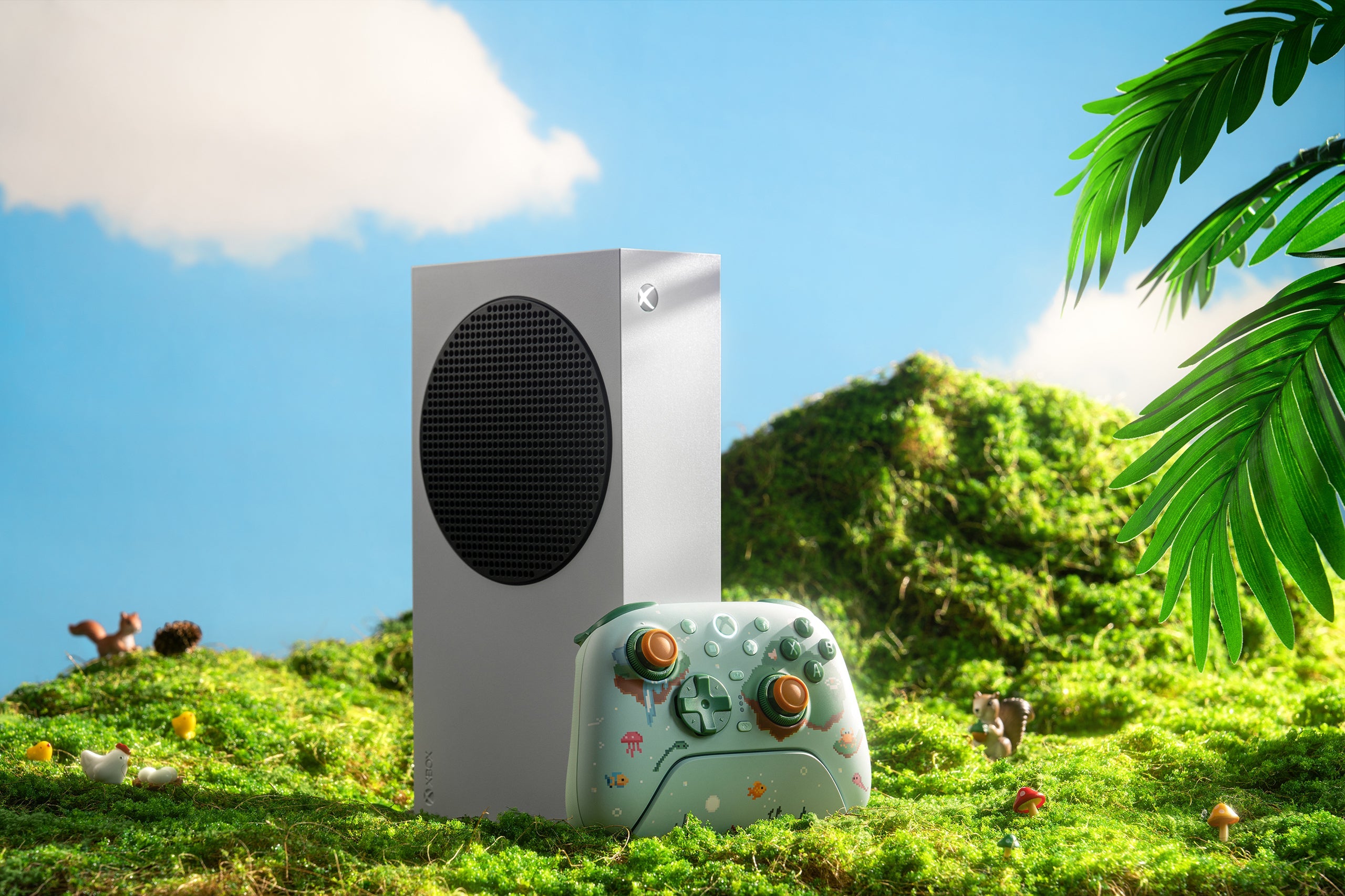 Mossy Lagoon Xbox controller in a miniature green landscape
